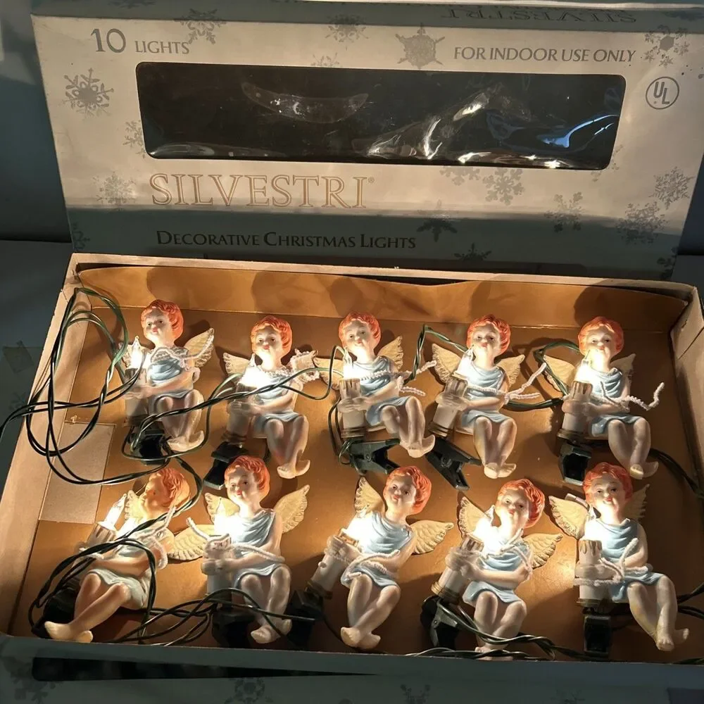 Silvestri Christmas String Light Angel Cherubs 10 Blow Mold Candle & Clips READ